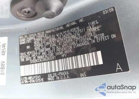 2009 Toyota Sienna Le z USA, uszkodzony, nr VIN 5TDZK23C39S283281